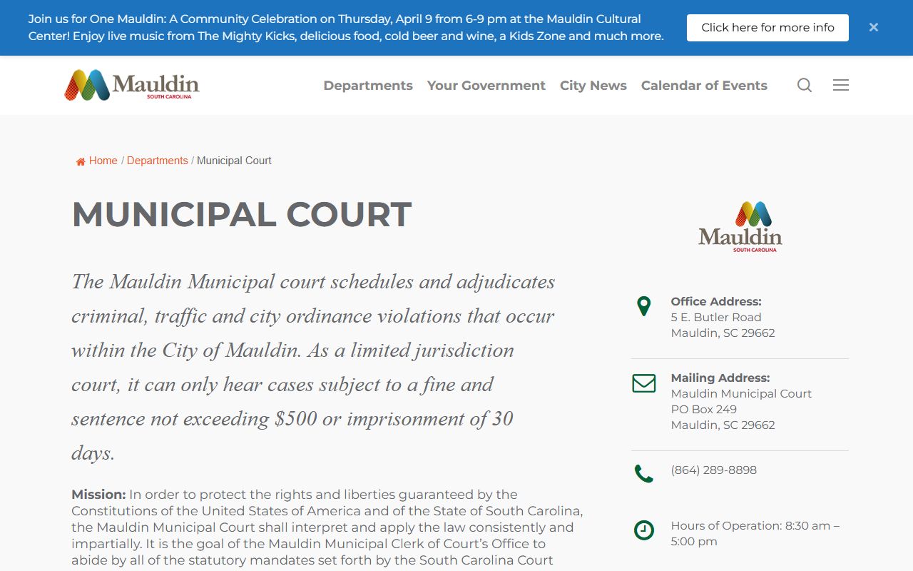City of Mauldin warrant records and municipal court