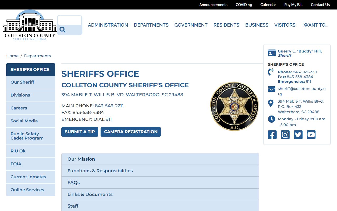 Colleton County Sheriff warrant records office in Walterboro
