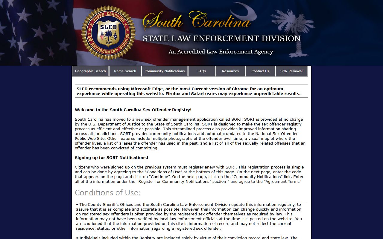 South Carolina Sex Offender Registry search page related to warrant records