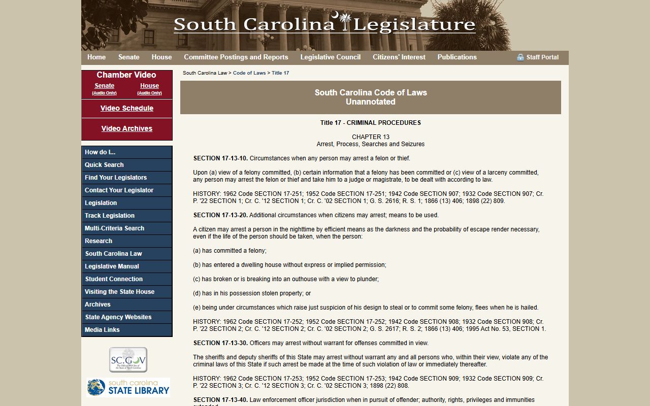 South Carolina Statehouse search warrant records statutes Title 17