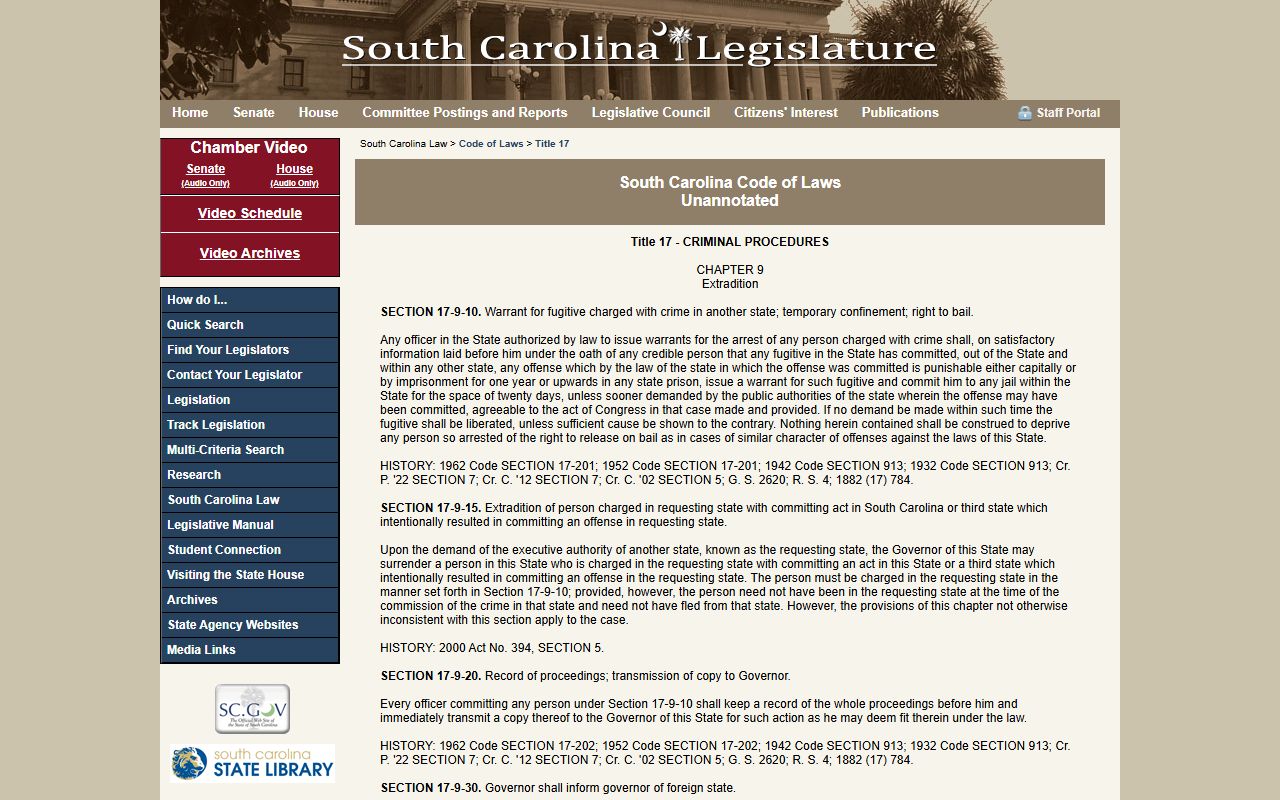 South Carolina Statehouse fugitive warrant records extradition statutes