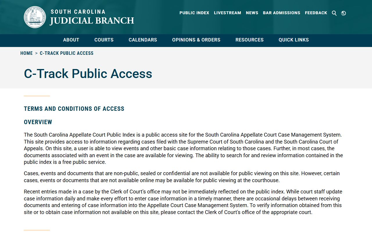 South Carolina C-Track public access portal for court and warrant records