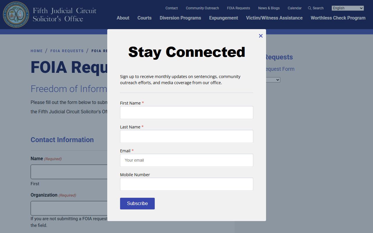 South Carolina Fifth Circuit FOIA request form for warrant records